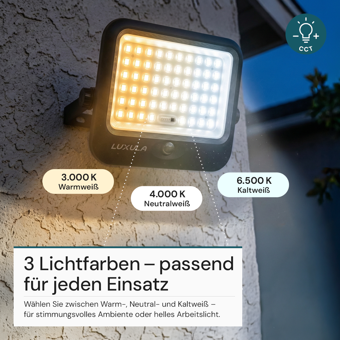 Solarstrahler, LED-Fluter, Solar mit Akku, PIR, 8W, 1600lm, 3CCT, IP65, schwarz.