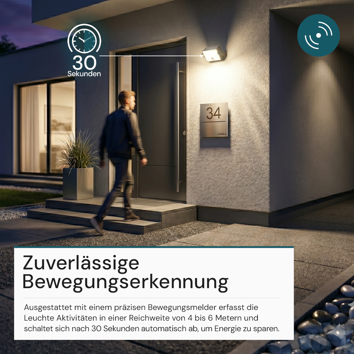 Automatisch rotierender Solar-Fluter mit Bewegungssensor, 6W, 800 lm, 3000K, IP65, Akku.