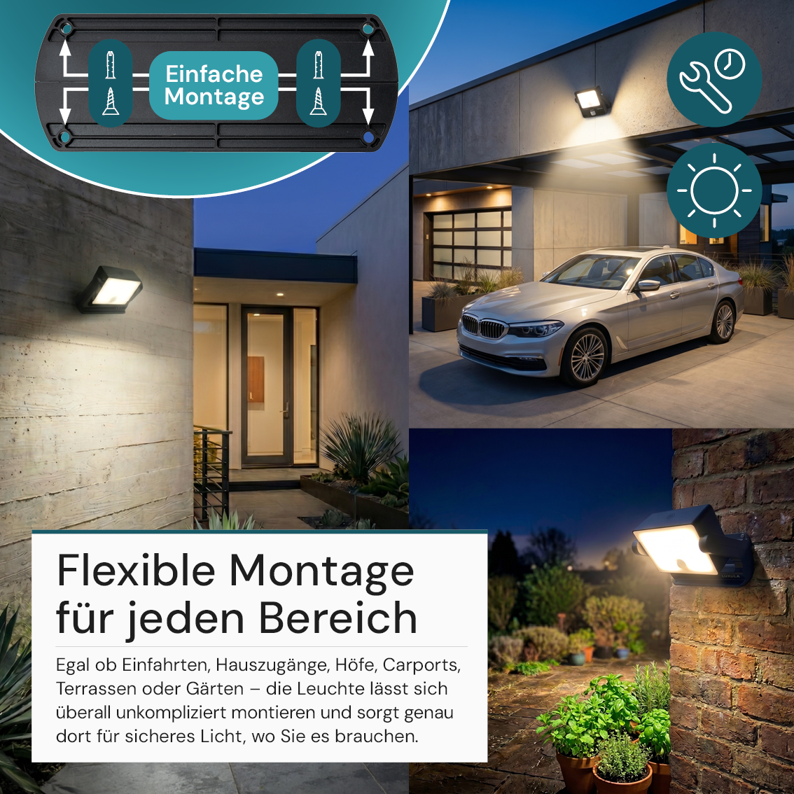 Automatisch rotierender Solar-Fluter mit Bewegungssensor, 6W, 800 lm, 3000K, IP65, Akku.