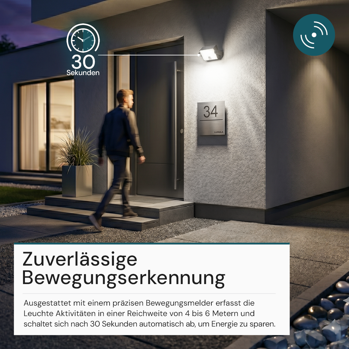 Automatisch rotierender Solar-Fluter mit Bewegungssensor, 6W, 800 lm, 6500K, IP65, Akku.