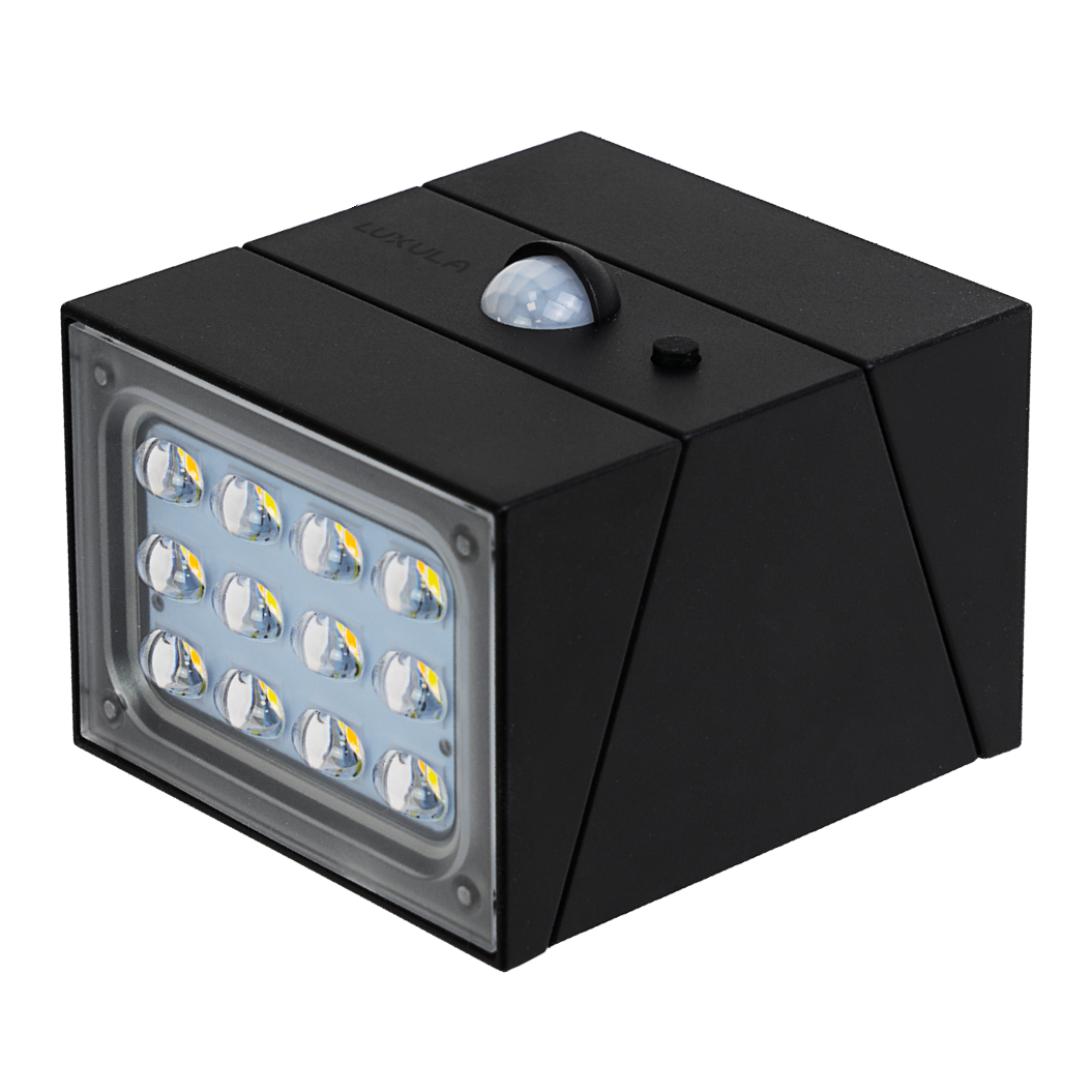 Solar LED Wandleuchte mit drehbarem Lichtkopf und Solarpanel, PIR-Sensor, IP65 und 3 CCT mit Akku, schwarz