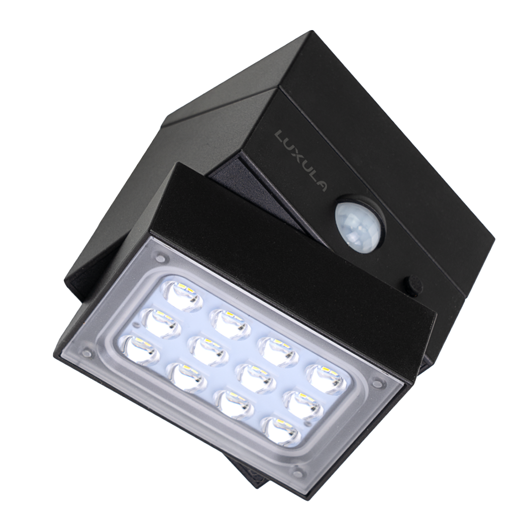 Solar LED Wandleuchte mit drehbarem Lichtkopf und Solarpanel, PIR-Sensor, IP65 und 3 CCT mit Akku, schwarz