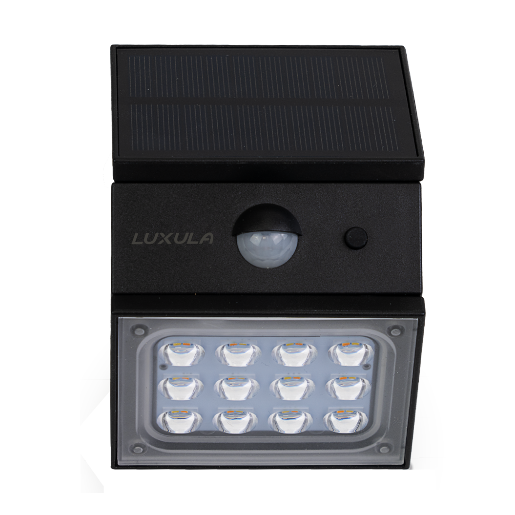 Solar LED Wandleuchte mit drehbarem Lichtkopf und Solarpanel, PIR-Sensor, IP65 und 3 CCT mit Akku, schwarz