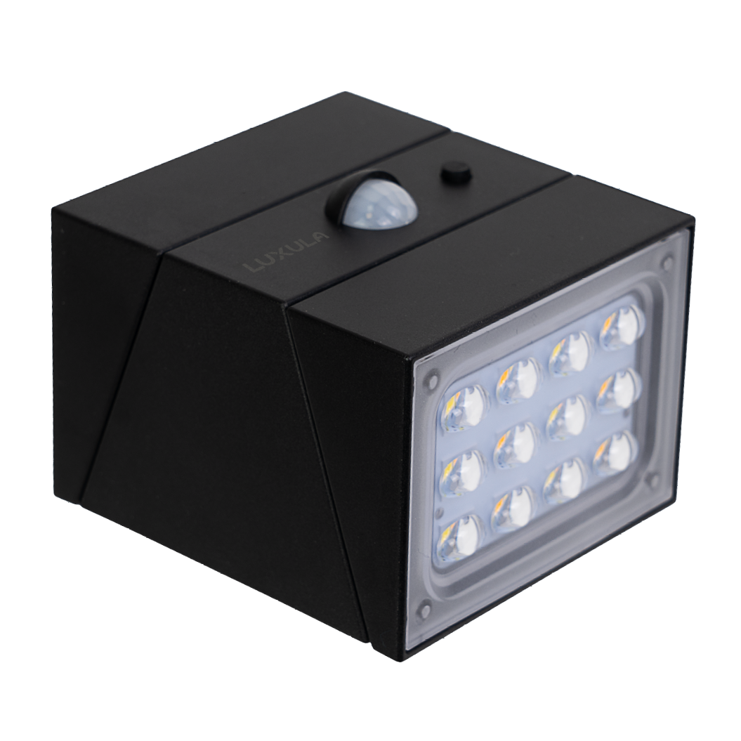Solar LED Wandleuchte mit drehbarem Lichtkopf und Solarpanel, PIR-Sensor, IP65 und 3 CCT mit Akku, schwarz
