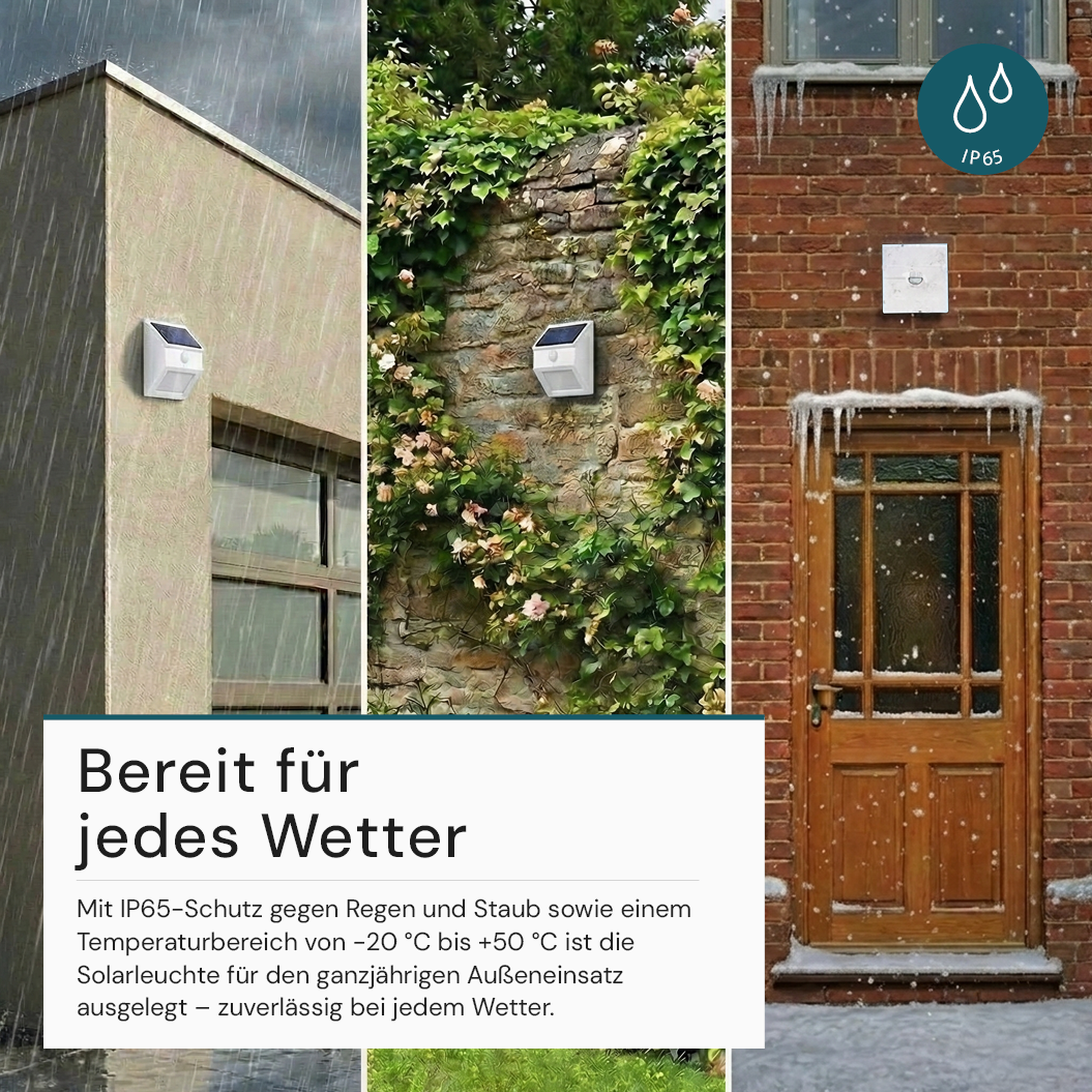 Solar LED Wandleuchte mit drehbarem Lichtkopf und Solarpanel, PIR-Sensor, IP65 und 3 CCT mit Akku, weiß