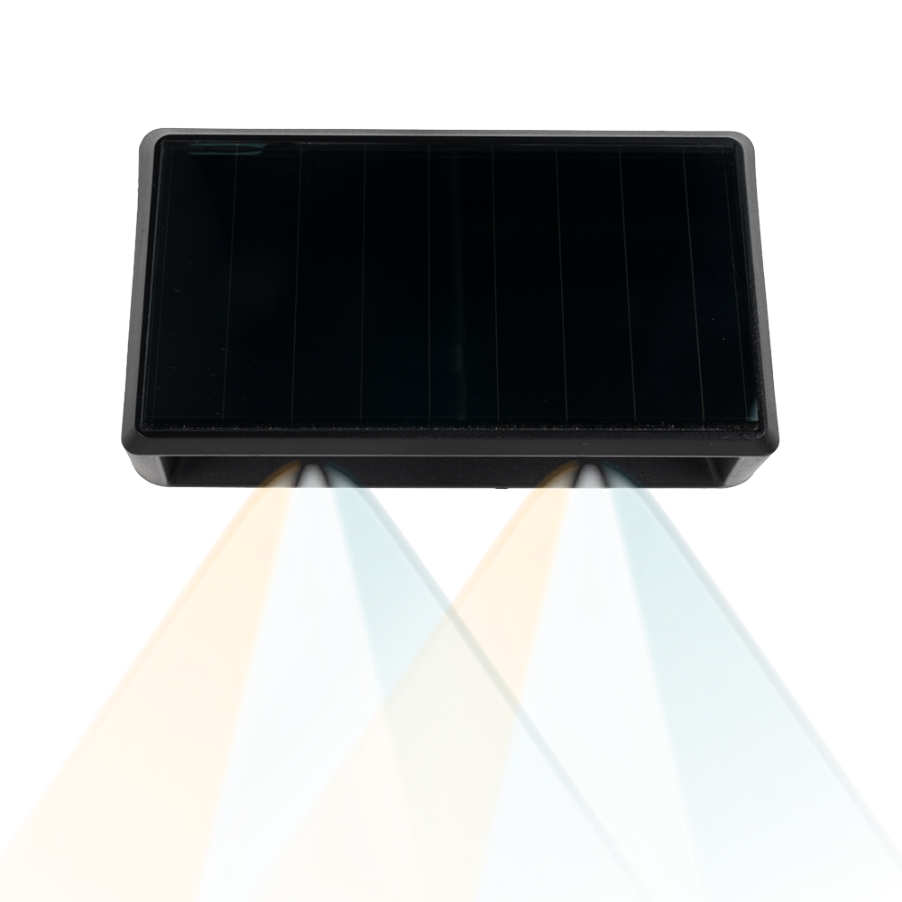 Solar LED Wandleuchte Außen, 2-flammig, 3 Lichtfarben einstellbar (CCT), IP54-wasserdicht, mit Akku, lange Leuchtdauer, Gartenleuchte