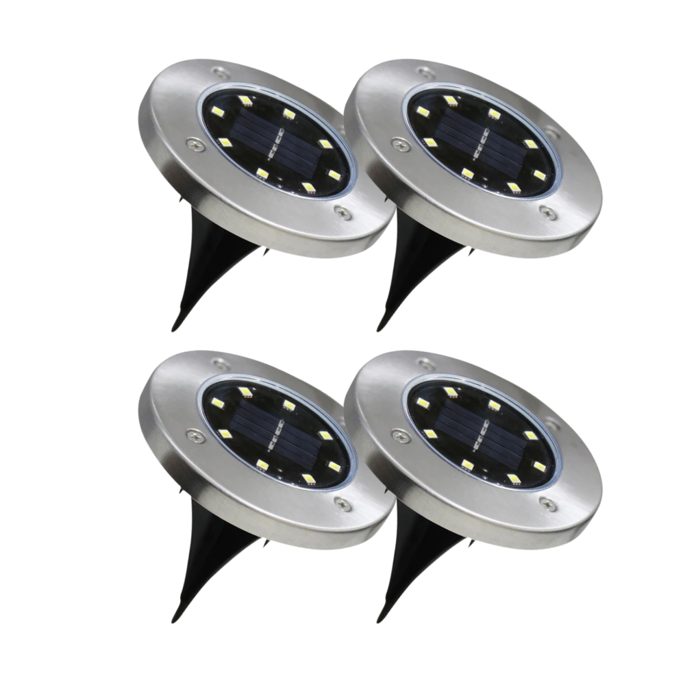 4er-Pack Solar Bodenleuchte, 6 Stunden Leuchtdauer, 4000 K (neutralweiß), IP44-Wasserdicht, Edelstahl.
