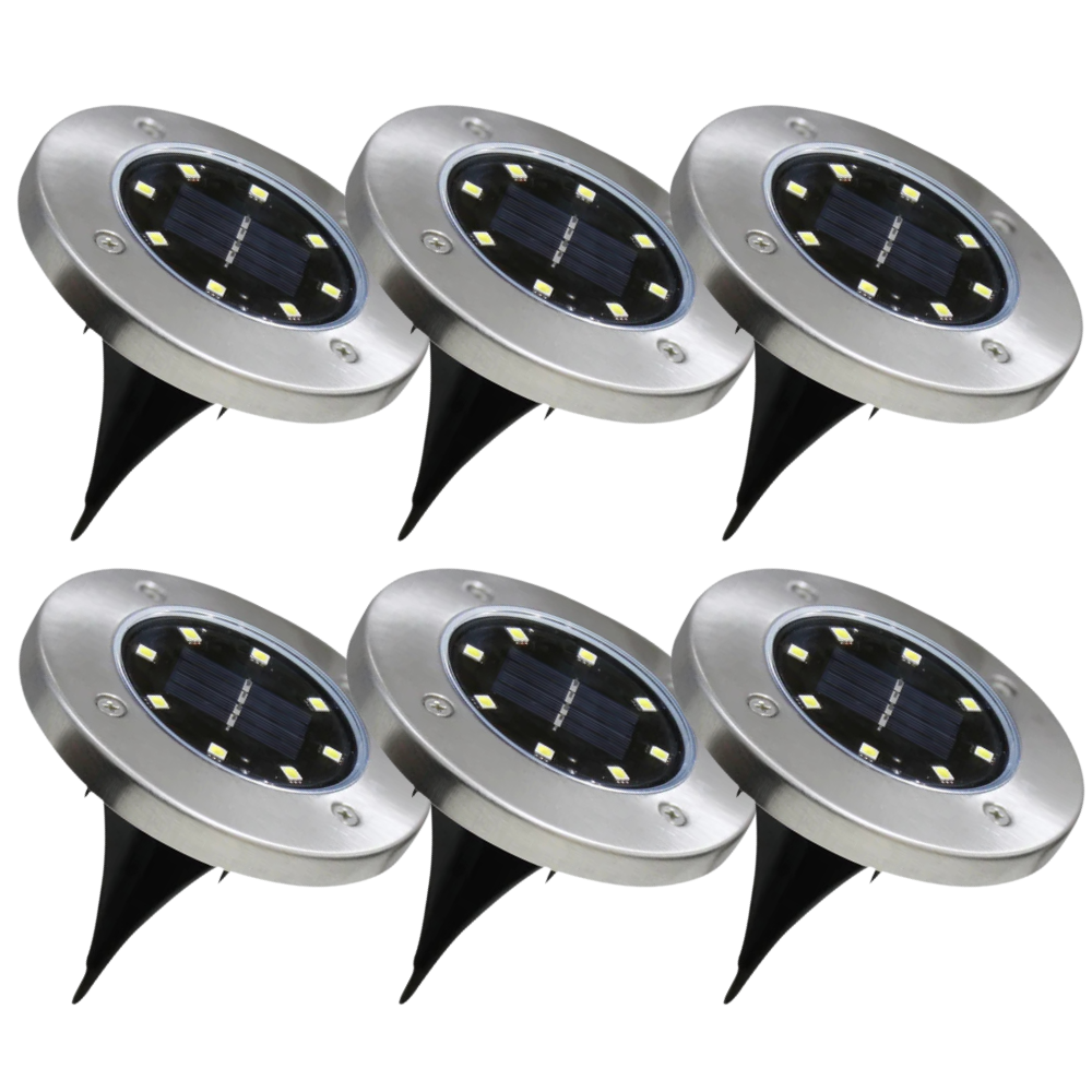 6er-Pack Solar Bodenleuchte, 6 Stunden Leuchtdauer, 4000 K (neutralweiß), IP44-Wasserdicht, Edelstahl.