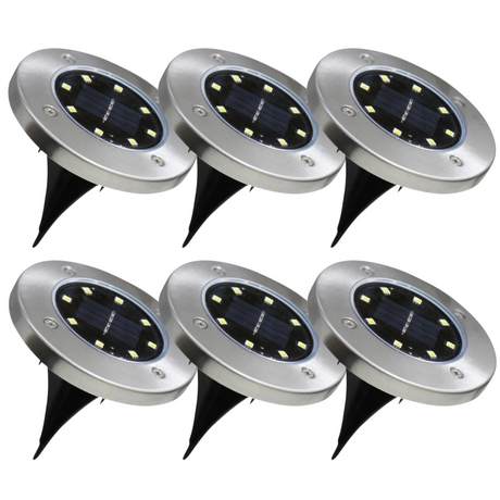 6er-Pack Solar Bodenleuchte, 6 Stunden Leuchtdauer, 4000 K (neutralweiß), IP44-Wasserdicht, Edelstahl.
