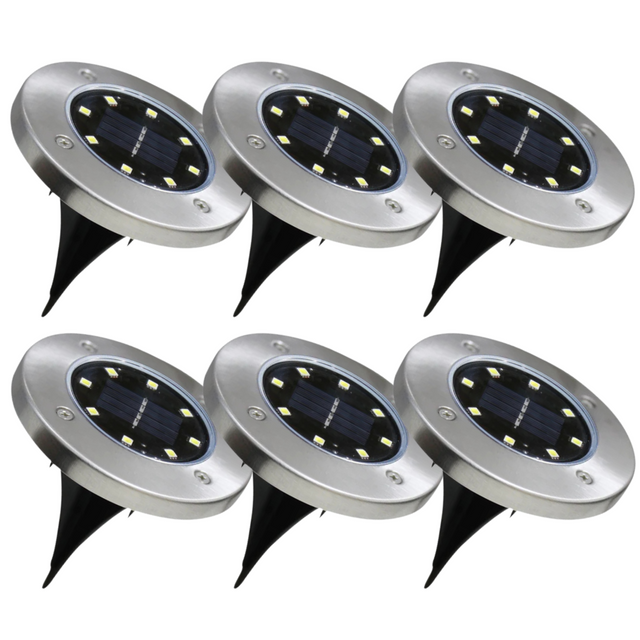 6er-Pack Solar Bodenleuchte, 6 Stunden Leuchtdauer, 4000 K (neutralweiß), IP44-Wasserdicht, Edelstahl.