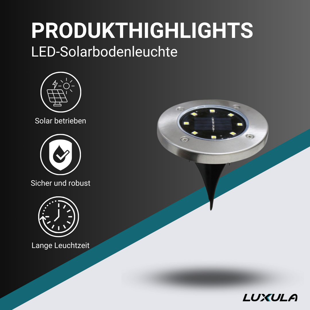 2er-Pack Solar Bodenleuchte, 6 Stunden Leuchtdauer, 4000 K (neutralweiß), IP44-Wasserdicht, Edelstahl.