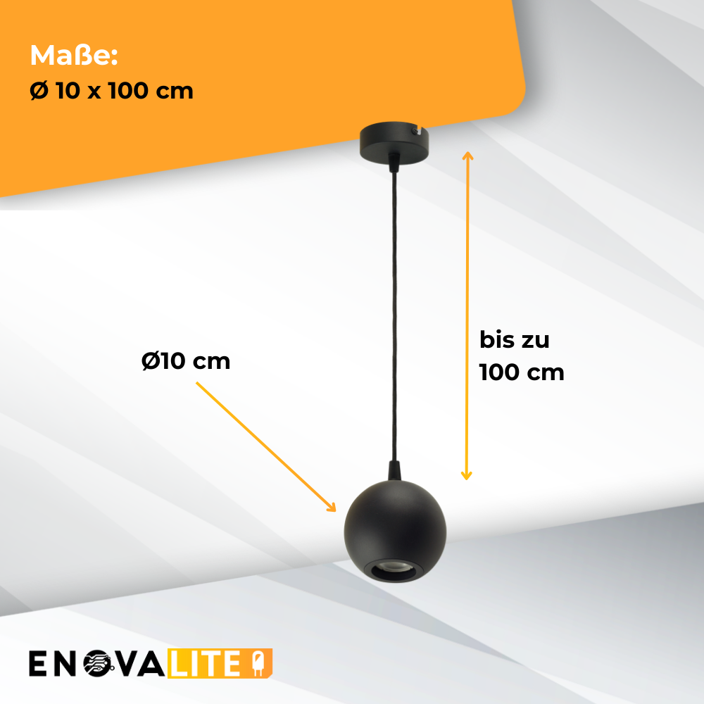 Pendelleuchte GLOBE, in Schwarz, aus Alu und Stahl, 1-flammig, GU10-Fassung, IP20, Ø10cm.
