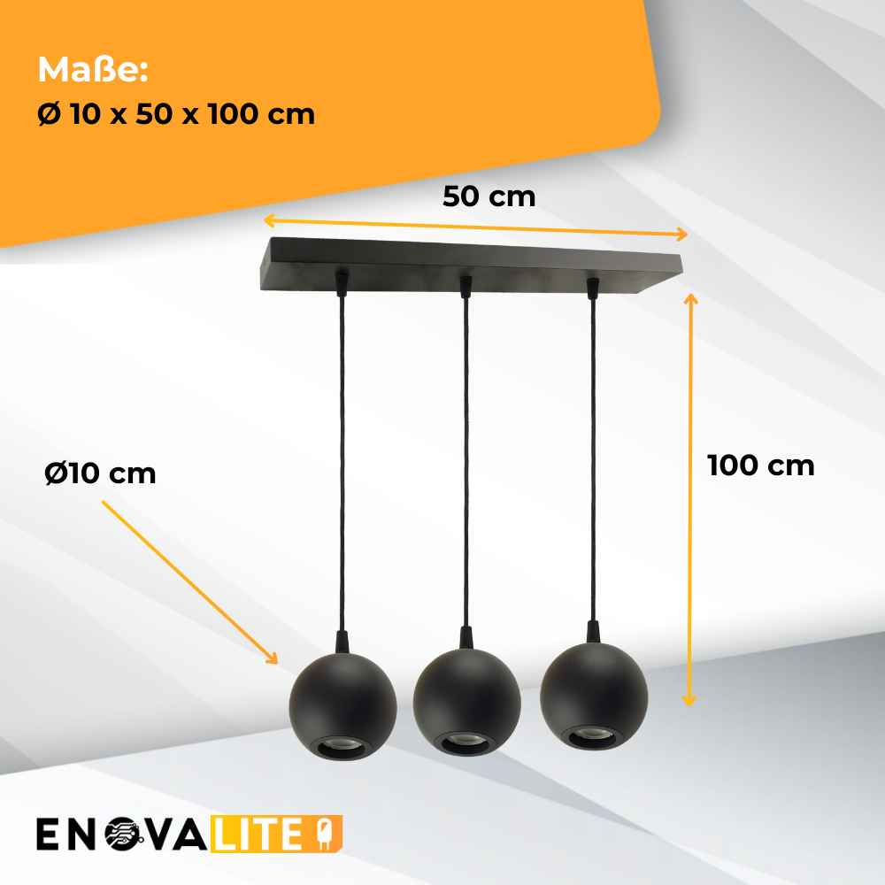 Pendelleuchte GLOBE, in Schwarz, aus Alu und Stahl, 3-flammig, GU10-Fassung, IP20, Ø10cm.