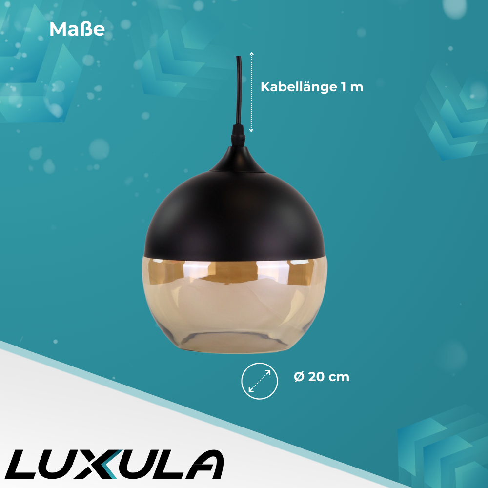 Elegante Pendelleuchte in schwarz, kugelförmig, aus Glas, E27-Fassung, IP20, Ø20 cm.