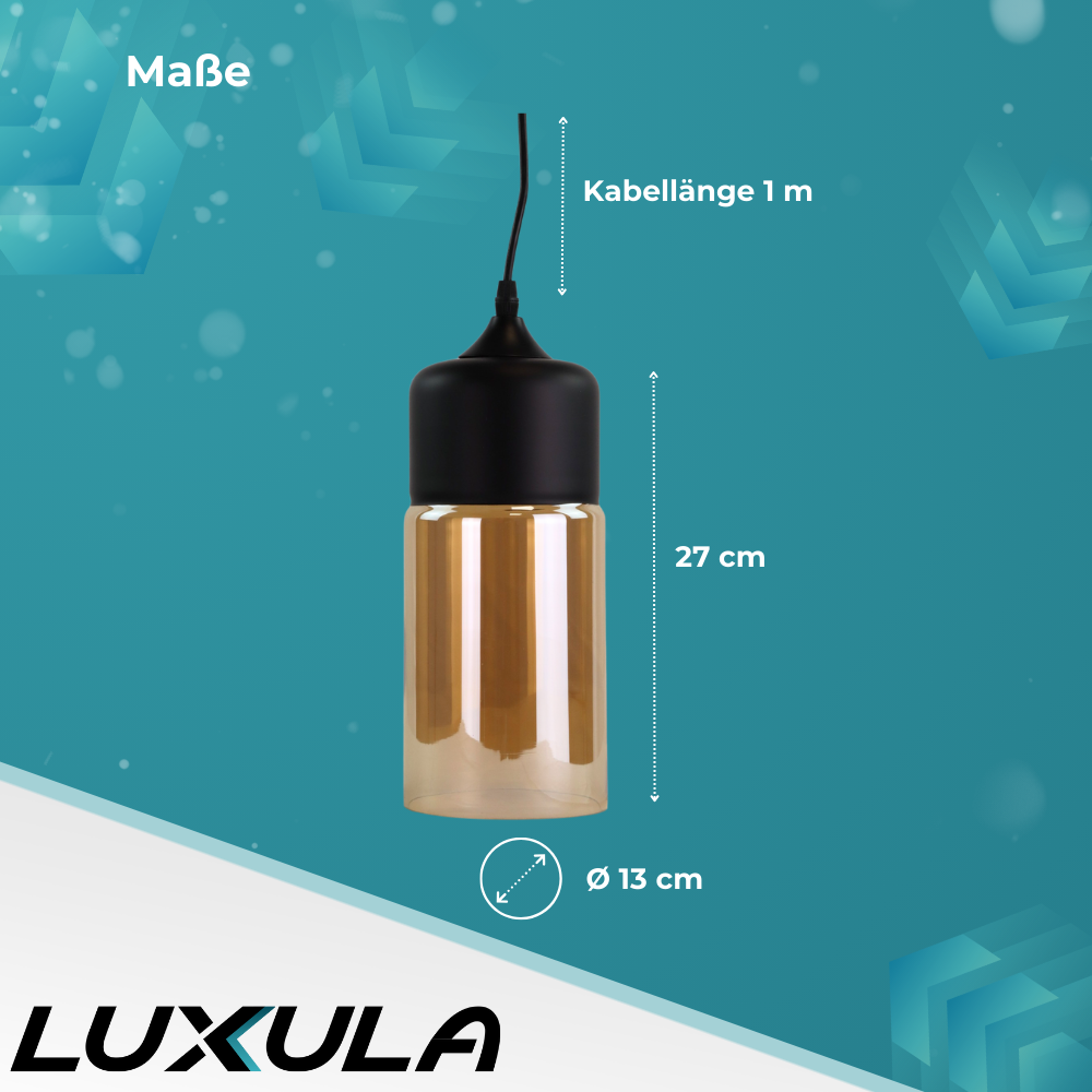 Elegante Pendelleuchte in schwarz, zylinderförmig, aus Glas, E27-Fassung, IP20, Ø13 cm.