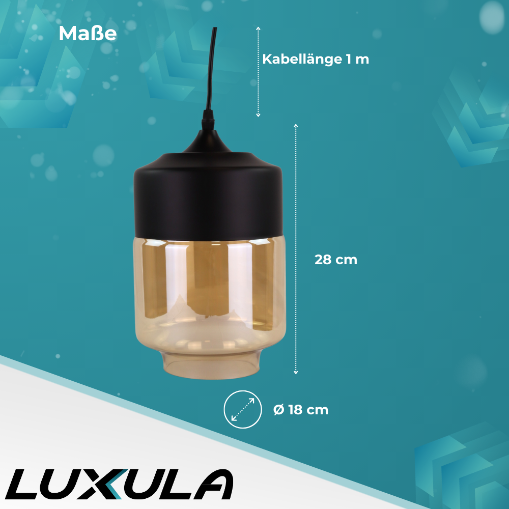 Elegante Pendelleuchte in schwarz, rundlich, aus Glas, E27-Fassung, IP20, Ø18 cm.