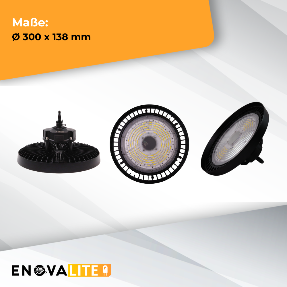 LED-HighBay, UFO, Leistung und Lichtfarbe einstellbar, 100/150/200 W, 3500-5500 K, 14000-28000 lm, IP65, LIFUD, 0-10V dimmbar, 9-in-1 Leuchte, energieeffizient.