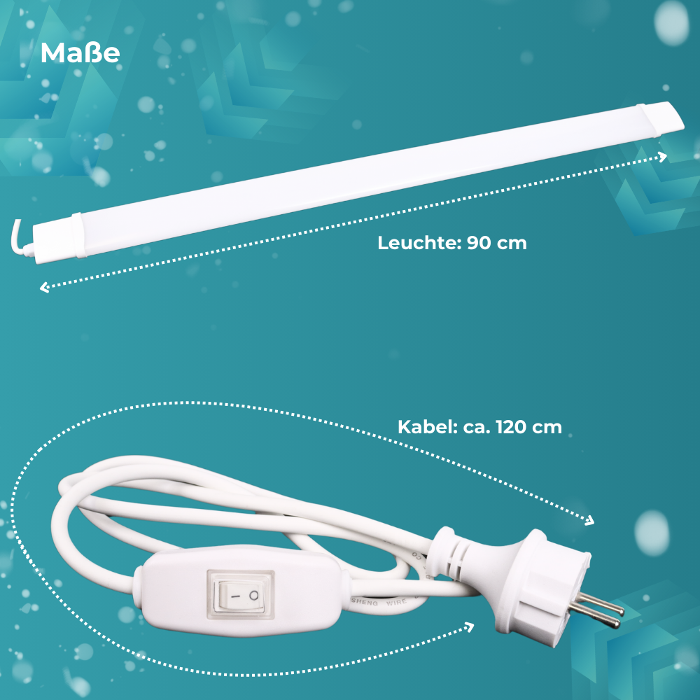 LED Feuchtraumleuchte, 22 W, 2000lm, 4000K, 900 mm, IP65, mit Schalter und IP44 Stecker.