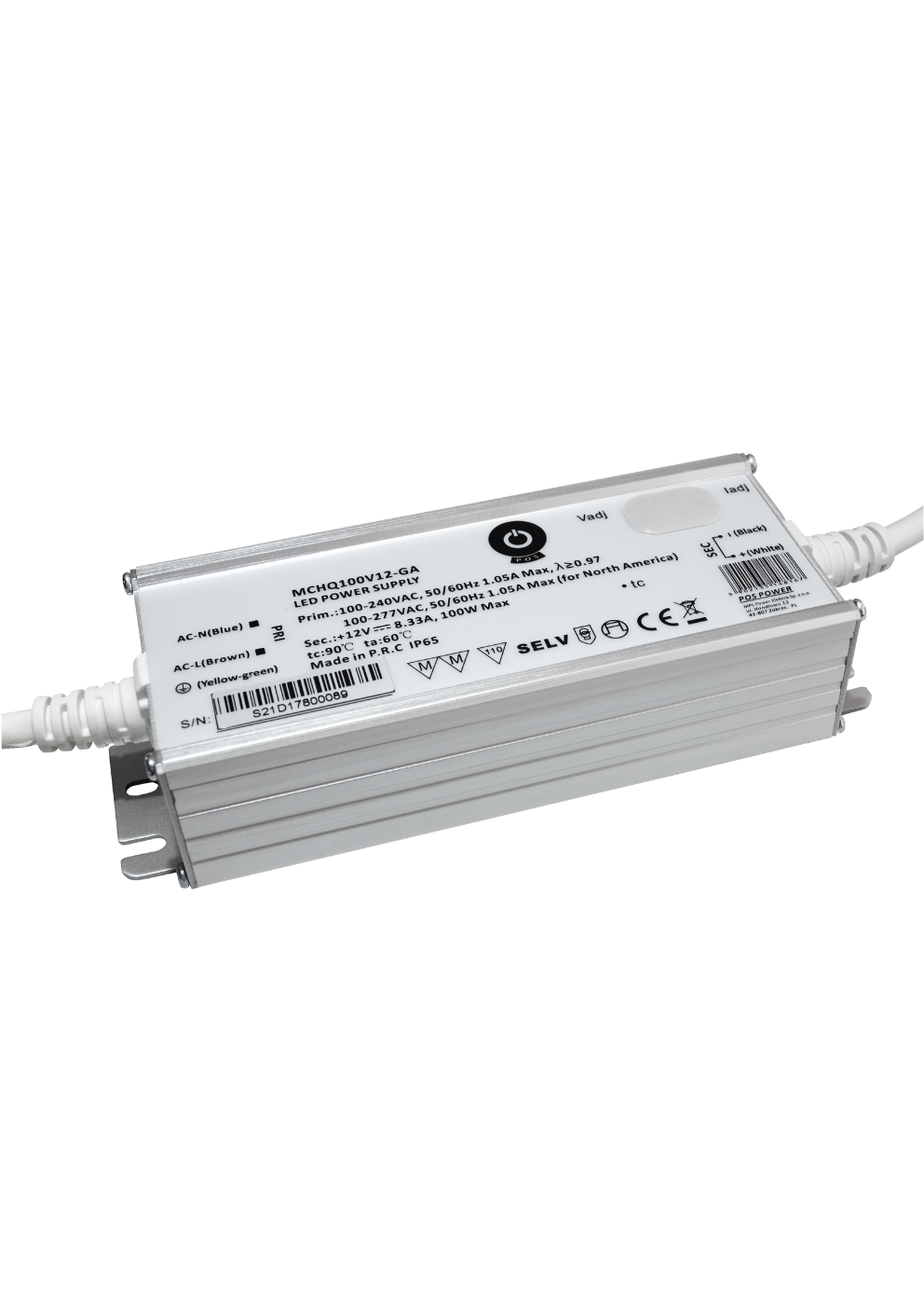 LED-Netzteil, 100 W, 12 V DC, 8,3 A, CV+CC, IP65.