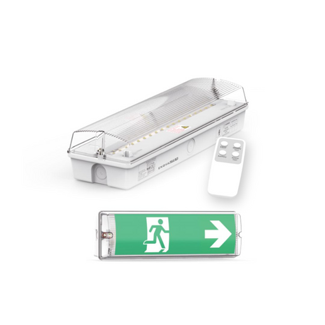 LED-Fluchtwegleuchte mit Fernbedienung, Notausgang mit Notstromeinheit, TEST-Funktion, Wandmontage, IP65.