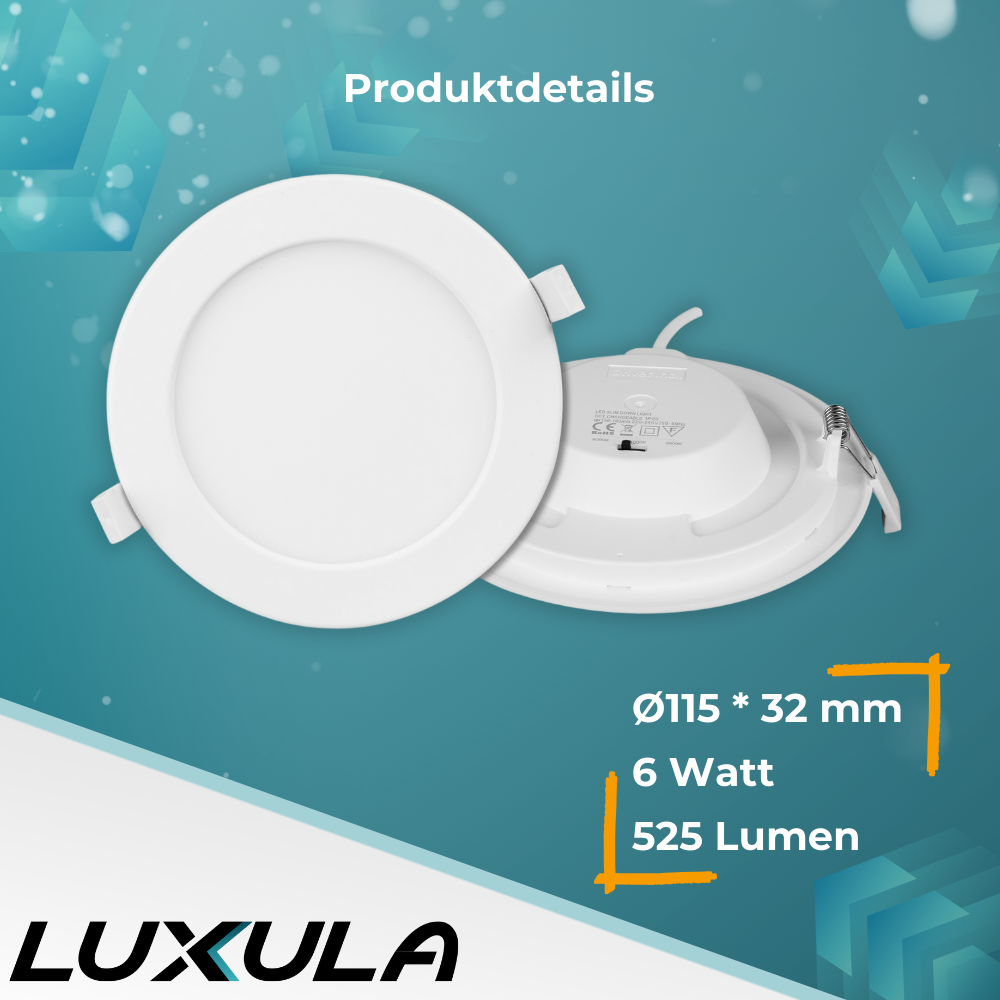 6er Set LED CCT Downlight, 6W, 525 lm, ø115x32mm, 3000-4000-6000K einstellbar, mit Diffusor, rund.