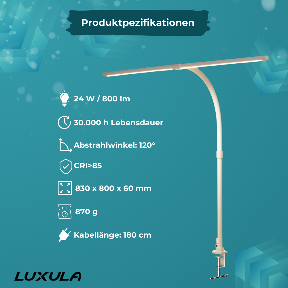 LED-Schreibtischlampe, Doppelkopf, in Weiß, dimmbar, 5 Farbtemperaturstufen, 24 W, 800 lm, klemm- und verstellbare Monitorlampe.