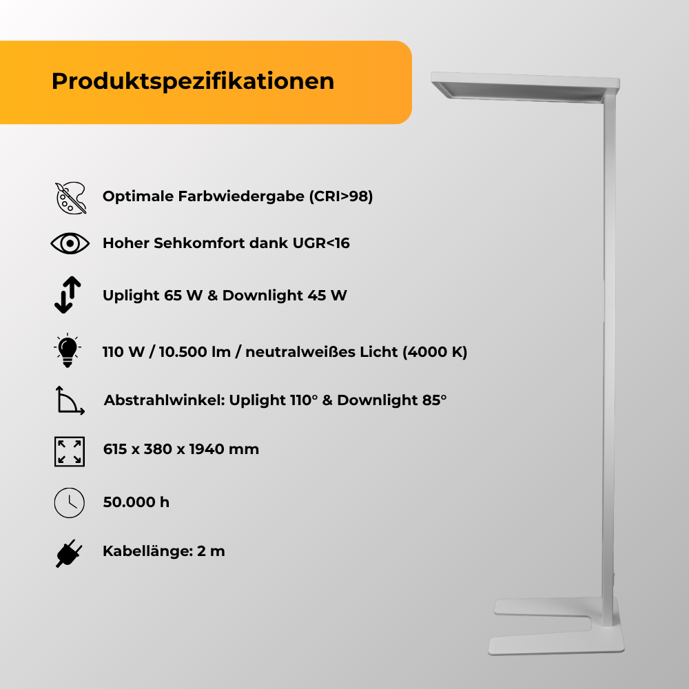 LED Büro-Stehleuchte Up&Down mit Sensor, 110W, 10.500lm, 4000K, UGR<16, CRI>98, dimmbar.
