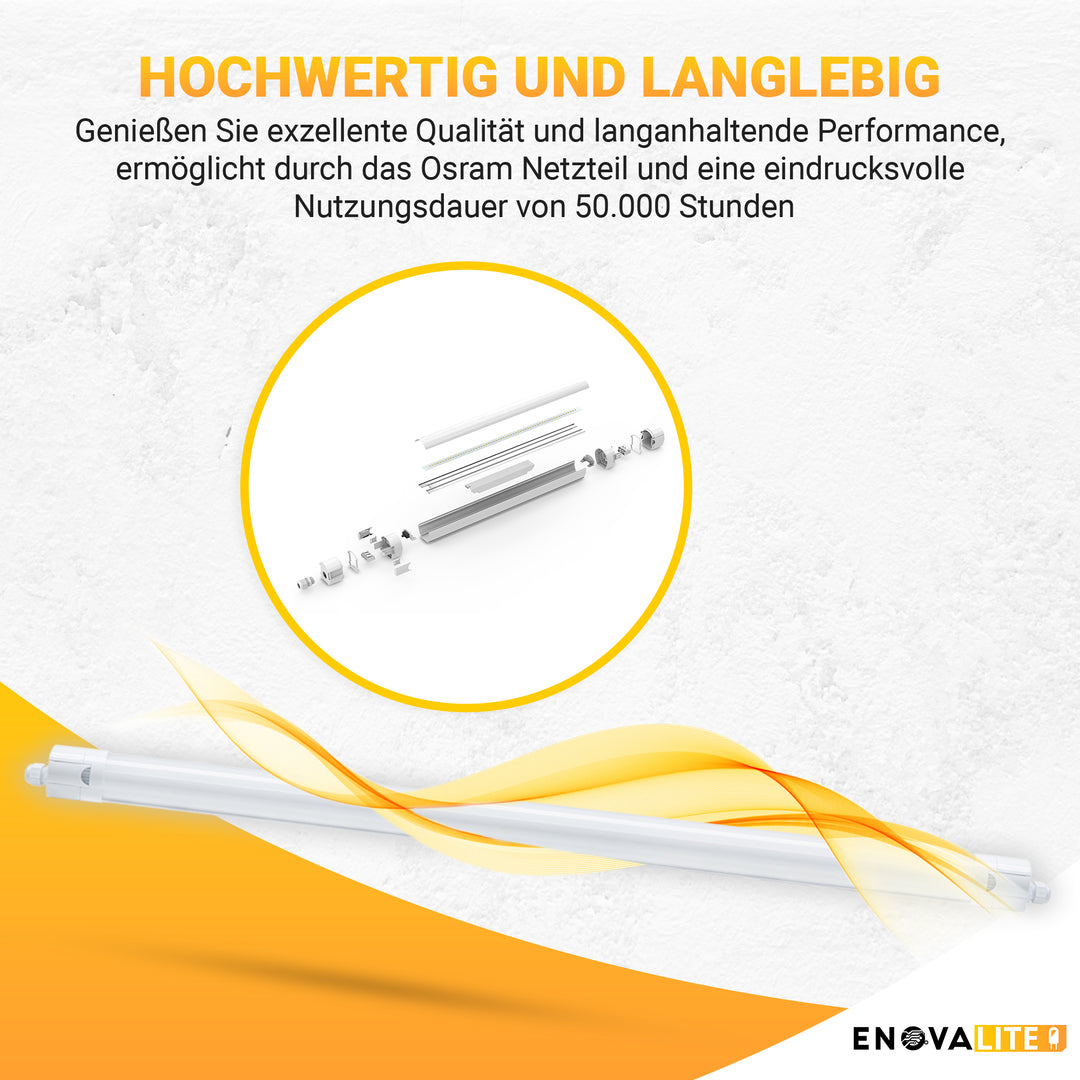 4er Pack LED Feuchtraumleuchte PRO, 120cm, 36W, 4320lm, 4000K (neutralweiß), IP65, OSRAM-Netzteil, Steckklemme, durchschleifbar.