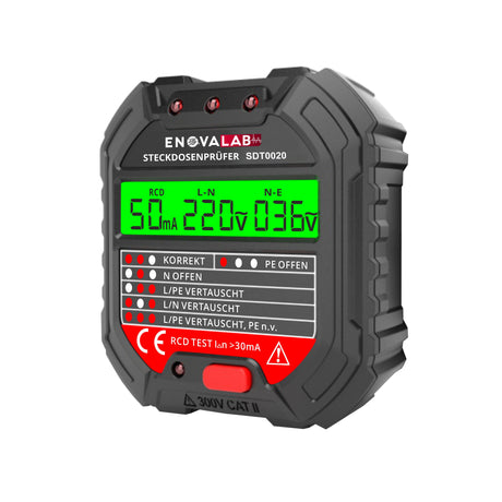 Steckdosentester mit RCD-Prüfung und umfangreichen LCD Display.