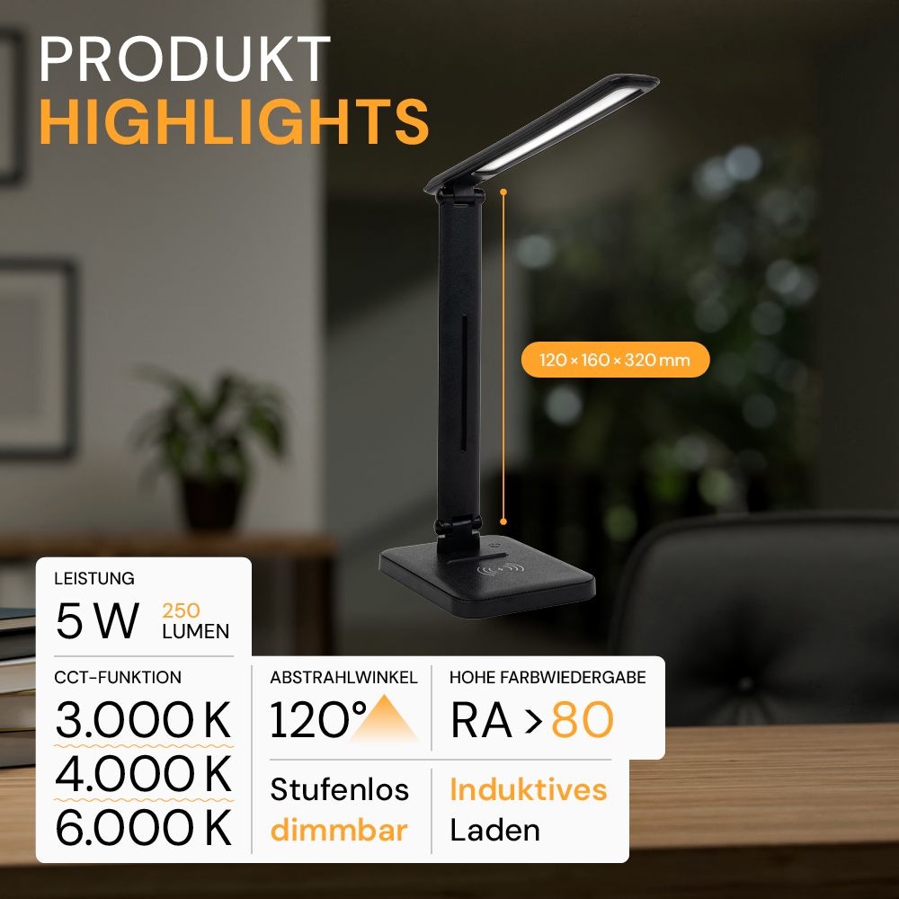 LED-Tischleuchte mit induktiver Ladestation, schwarz, inklusive Dimm- und CCT-Funktion, 5 W Leistung, 160x320 mm.