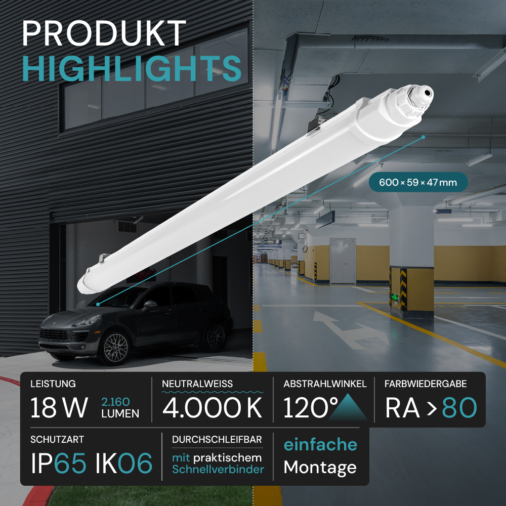 LED Feuchtraumleuchte SLIM, 60 cm, 18 W, 2160 lm, 4000 K (neutralweiß), IP65, IK06, durchschleifbar, mit Quick Connector.