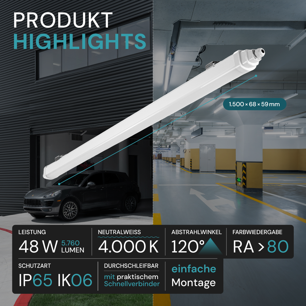 LED Feuchtraumleuchte, 150 cm, 48 W, 5760 lm, 4000 K (neutralweiß), IP65, IK06, durchschleifbar, mit Quick Connector