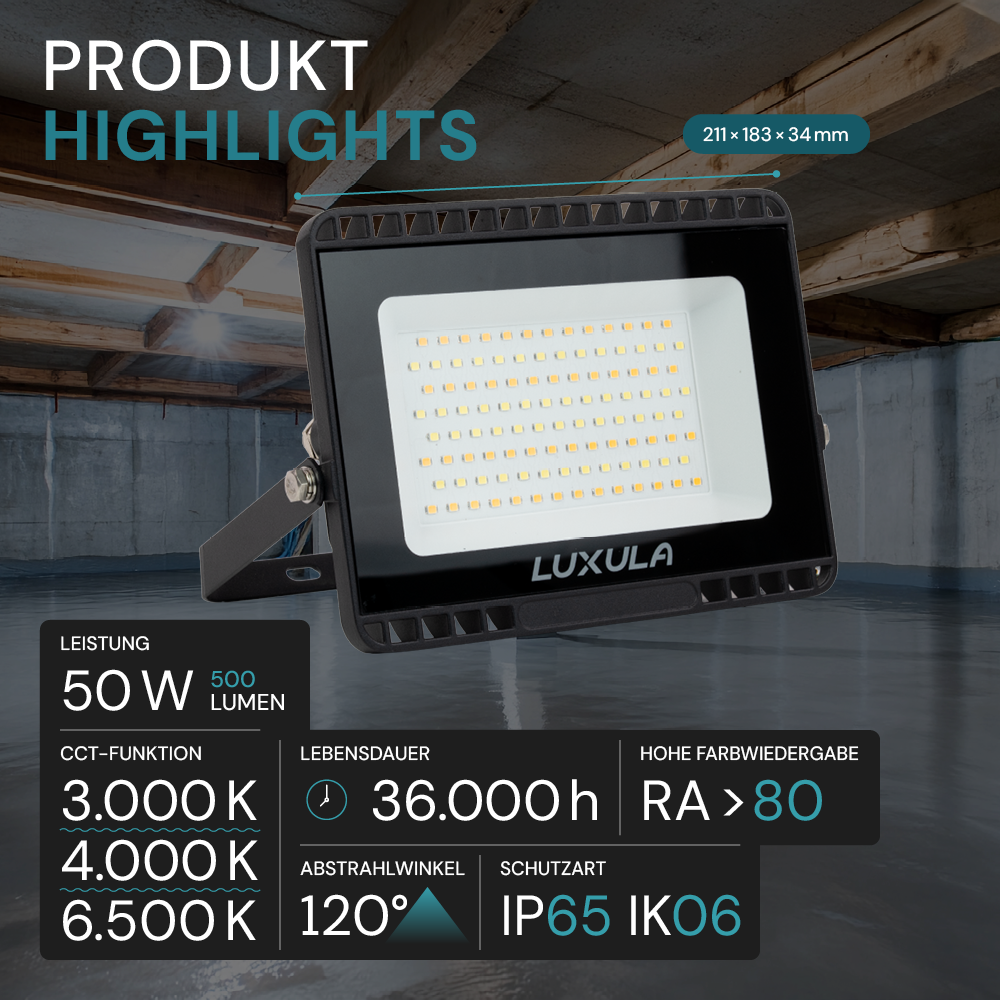 LED CCT Fluter, 50 W, 3000-6500 K (warm-, neutral-, kaltweiß), 5000 lm, schwarz, IP65.