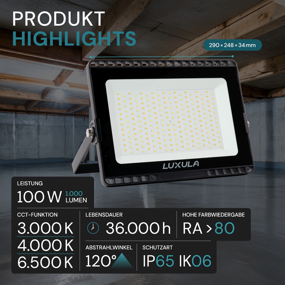 LED CCT Fluter, 100 W, 3000-6500 K (warm-, neutral-, kaltweiß), 10000 lm, schwarz, IP65.