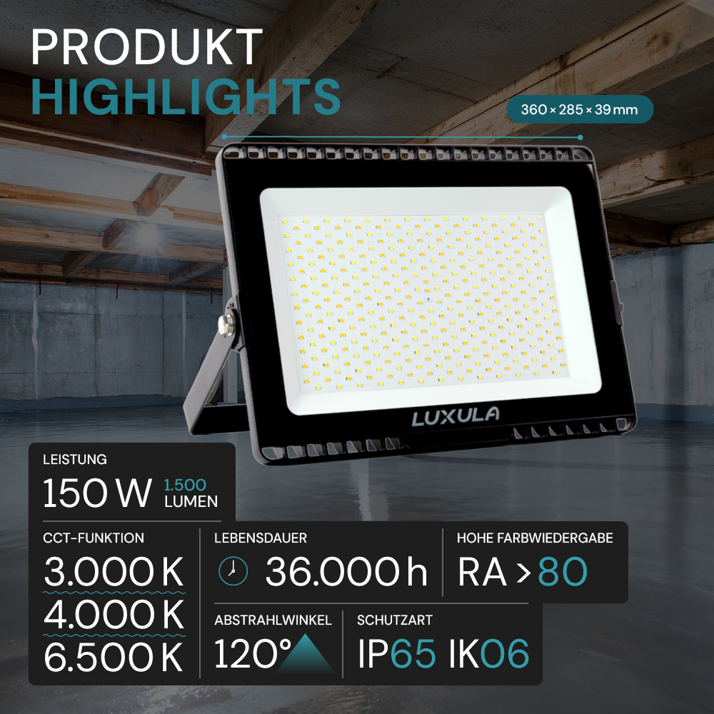 LED CCT Fluter, 150 W, 3000-6500 K (warm-, neutral-, kaltweiß), 15000 lm, schwarz, IP65.