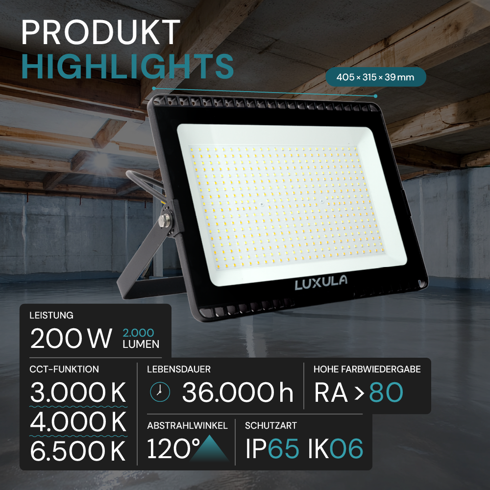 LED CCT Fluter, 200 W, 3000-6500 K (warm-, neutral-, kaltweiß), 20000 lm, schwarz, IP65.