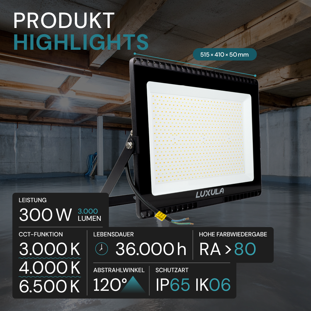 LED CCT Fluter, 300 W, 3000-6500 K (warm-, neutral-, kaltweiß), 30000 lm, schwarz, IP65.