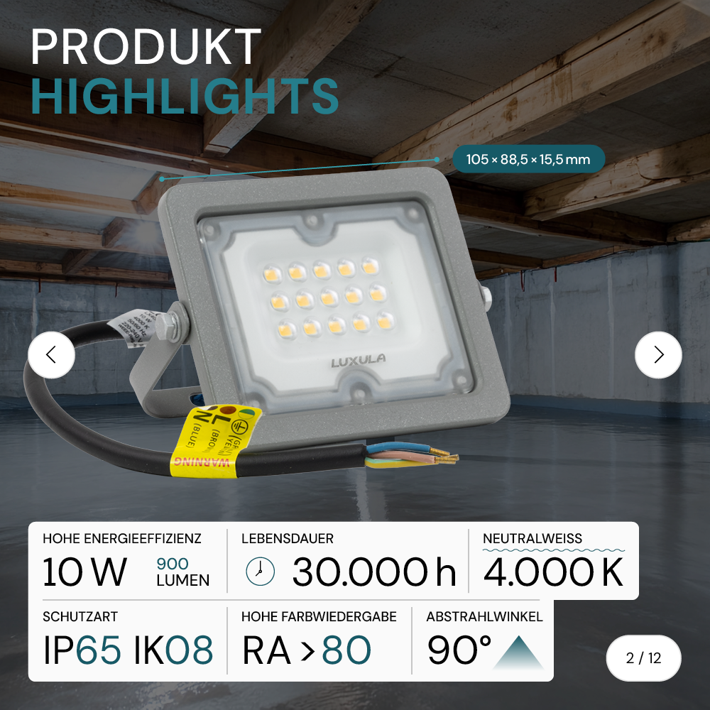 LED-Fluter, 10 W, 4000 K (neutralweiß), 900 lm, grau, IP65.