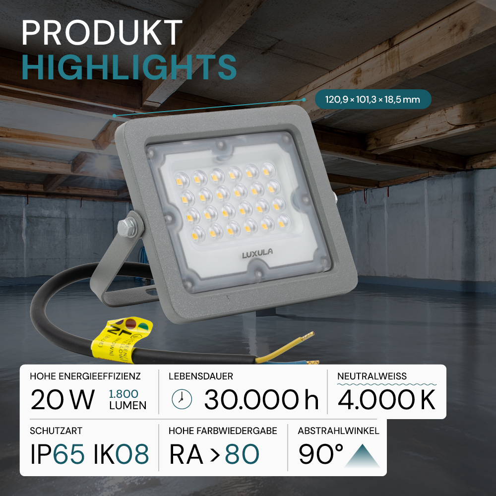 LED-Fluter, 20 W, 4000 K (neutralweiß), 1800 lm, grau, IP65.