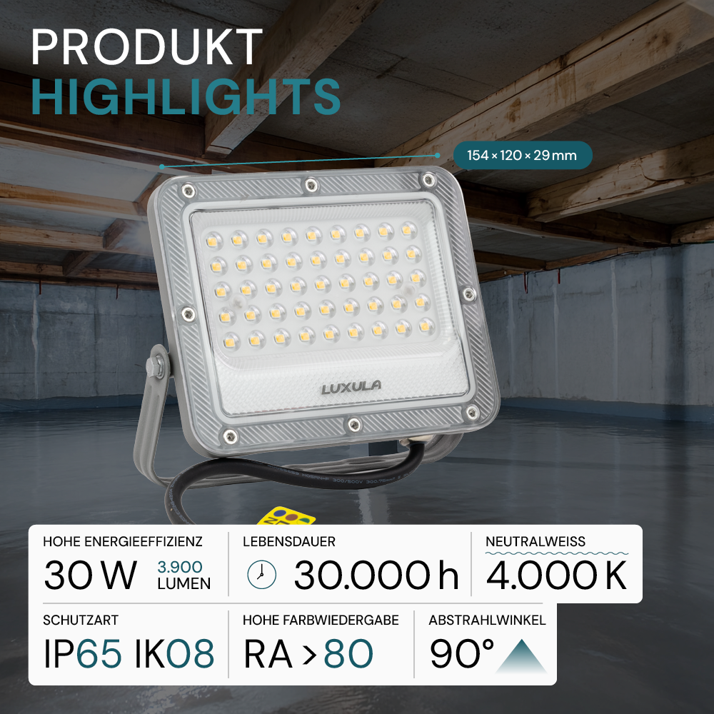 LED-Fluter, 30 W, 4000 K (neutralweiß), 3900 lm, grau, IP65.