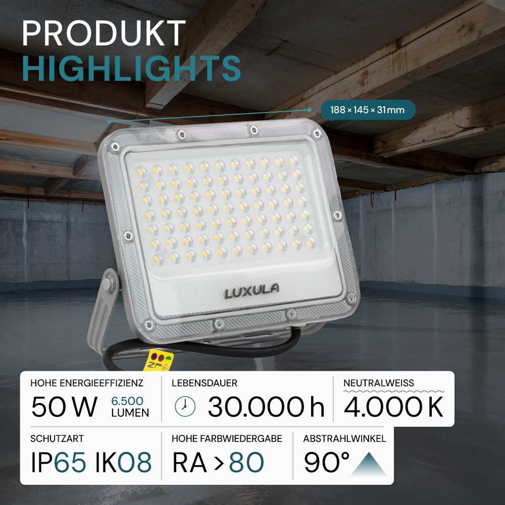 LED-Fluter, 50 W, 4000 K (neutralweiß), 6500 lm, grau, IP65.