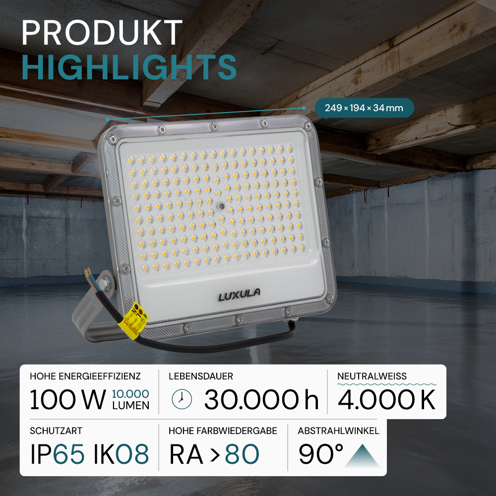 LED-Fluter, 100 W, 4000 K (neutralweiß), 12000 lm, grau, IP65.