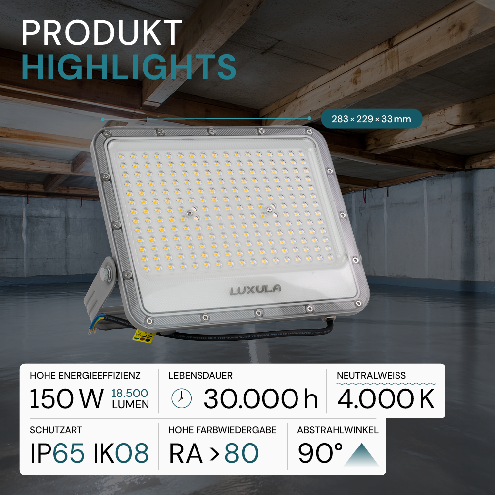 LED-Fluter, 150 W, 4000 K (neutralweiß), 18500 lm, grau, IP65.
