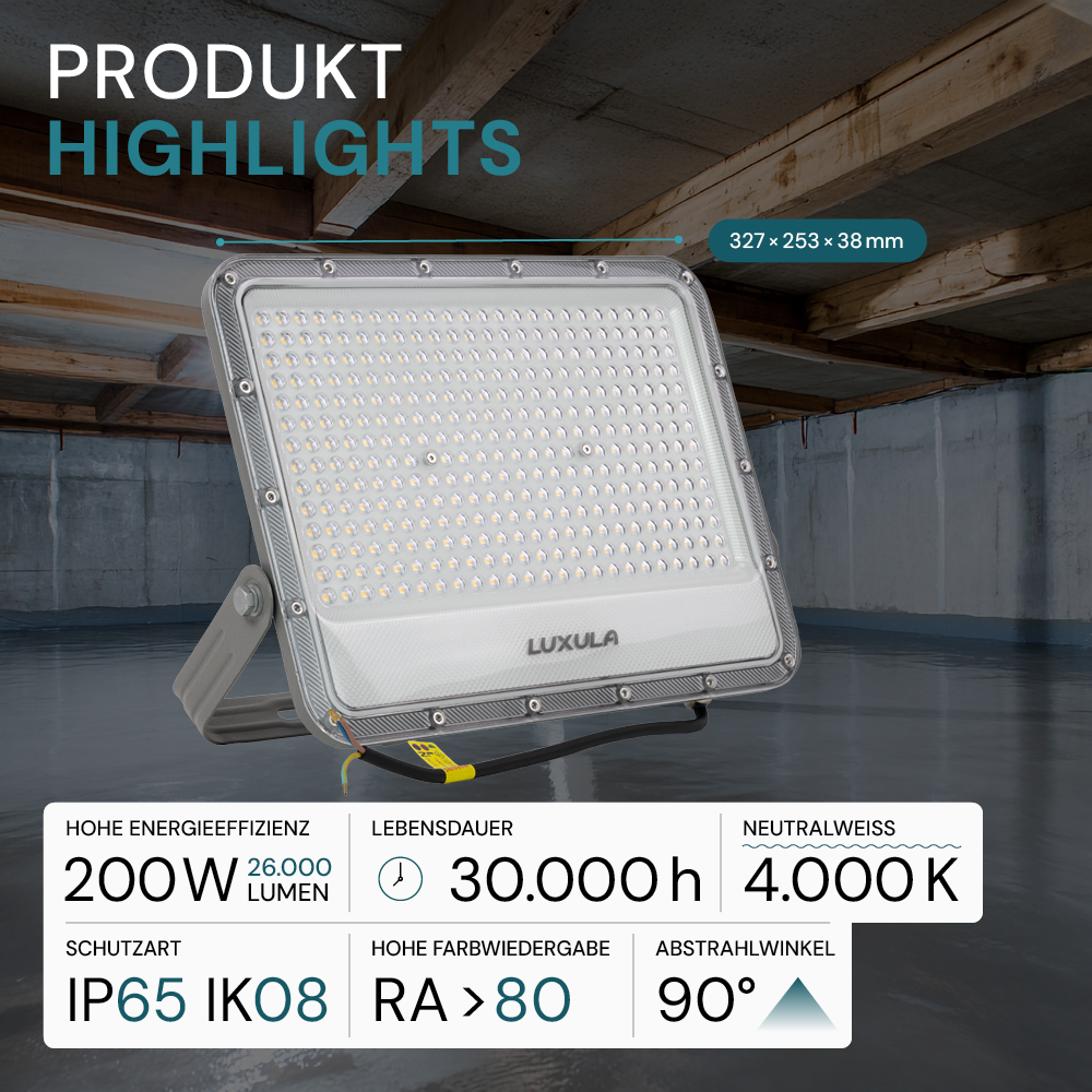 LED-Fluter, 200 W, 4000 K (neutralweiß), 26000 lm, grau, IP65.