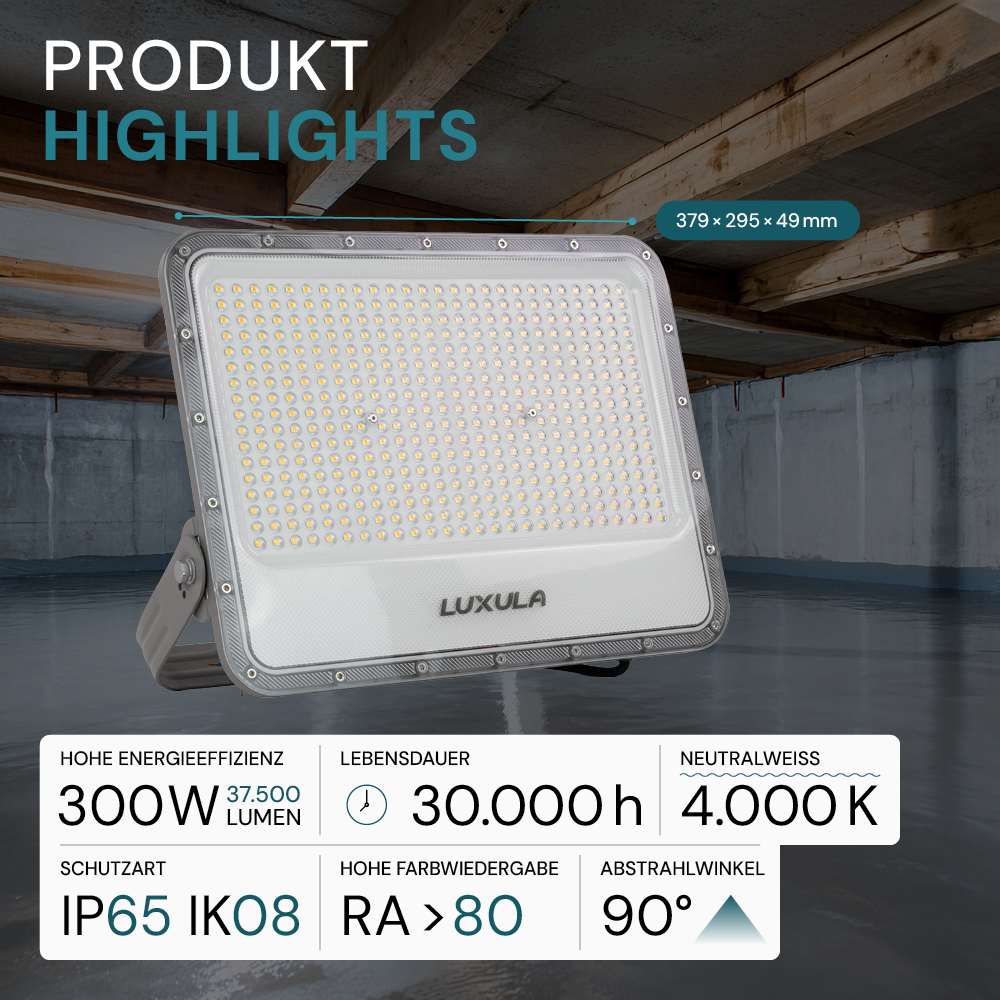 LED-Fluter, 300 W, 4000 K (neutralweiß), 37500 lm, grau, IP65.