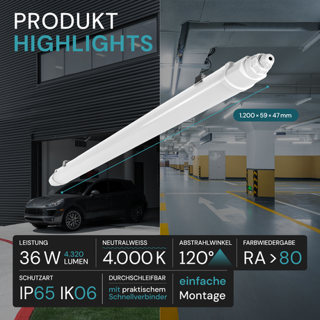 2er-Pack LED Feuchtraumleuchte SLIM, 120 cm, 36 W, 4320 lm, 4000 K (neutralweiß), IP65, IK06, durchschleifbar, mit Quick Connector.