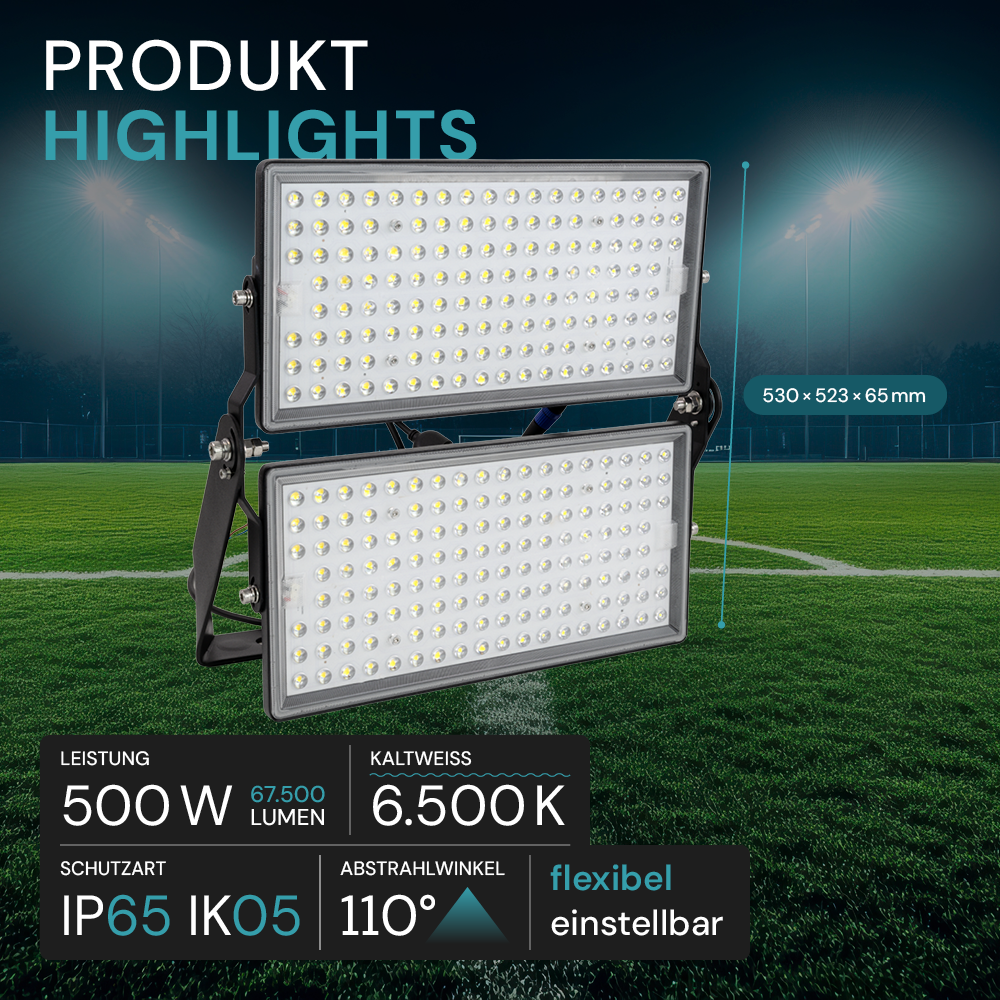 Stadion Fluter, 500 W, 6500 K (kaltweiß), 67500 lm, IP65, hohe Energieeffizienz, Großflächenstrahler