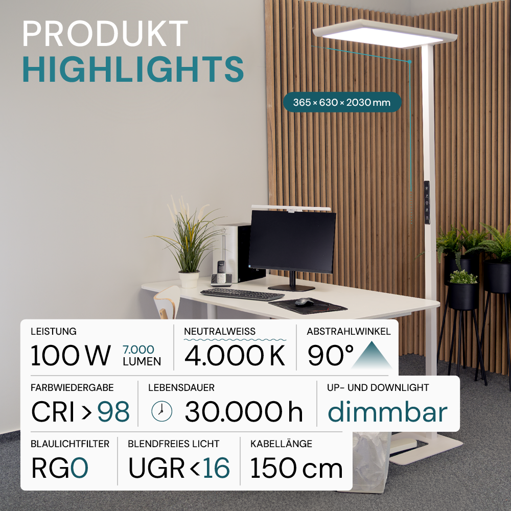 LED Büro-Stehleuchte, Up/Down, in Weiß, 100 W, 7000 lm, 4000 K (neutralweiß), UGR<16, CRI98, dimmbar, RG0, Bridgelux LED, Arbeitsplatzleuchte