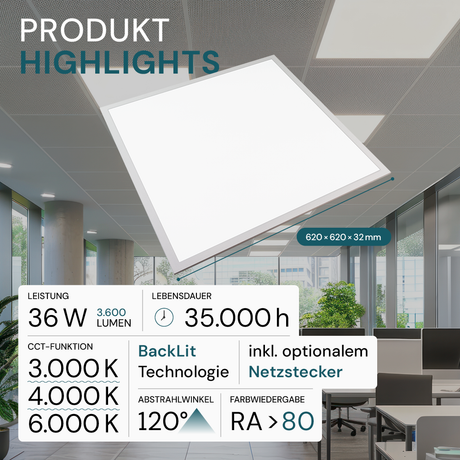 LED-Panel mit Farbtemperaturwechsel CCT, 3000-6000 K, 62x62 cm, Back-lit, 36W, 3600 lm