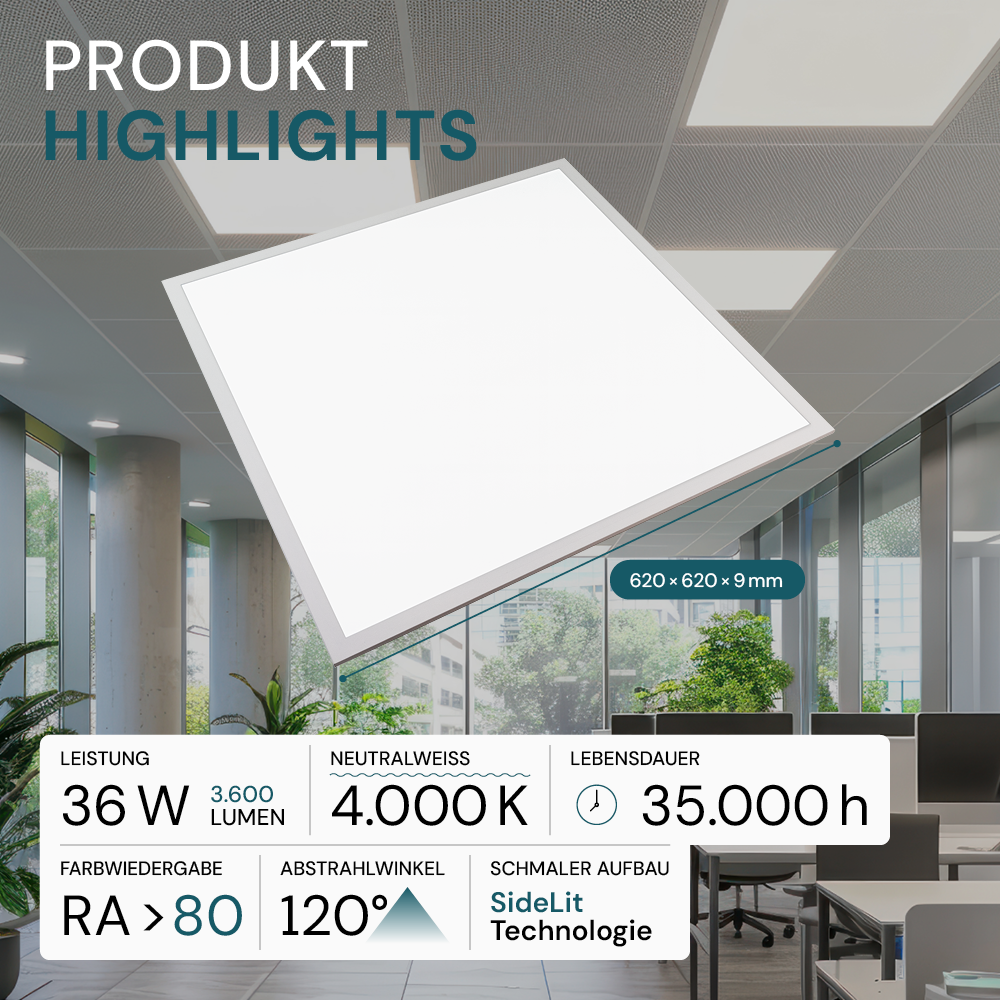 2er Pack LED Panel, 62x62 cm, 36W, 3600lm, 4000K